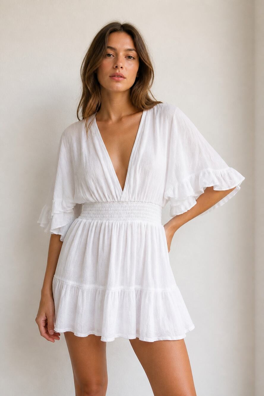 White V-Neck Ruffle Sleeve Smocked Waist Blouse